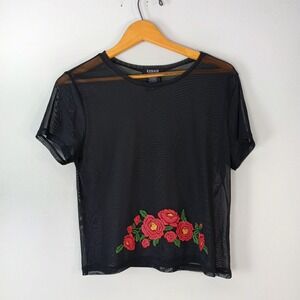 Cosmic Aura Sheer See Through Cropped Black Red Floral Top XL Goth Punk